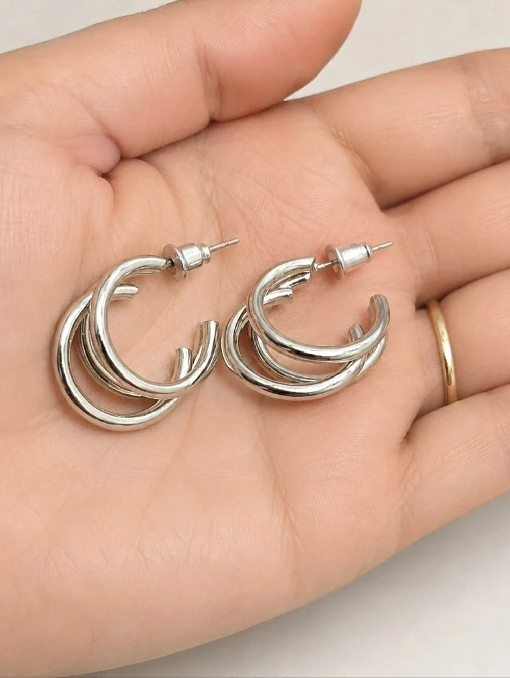 Small Silver Triple Hoop Earrings Stud Post